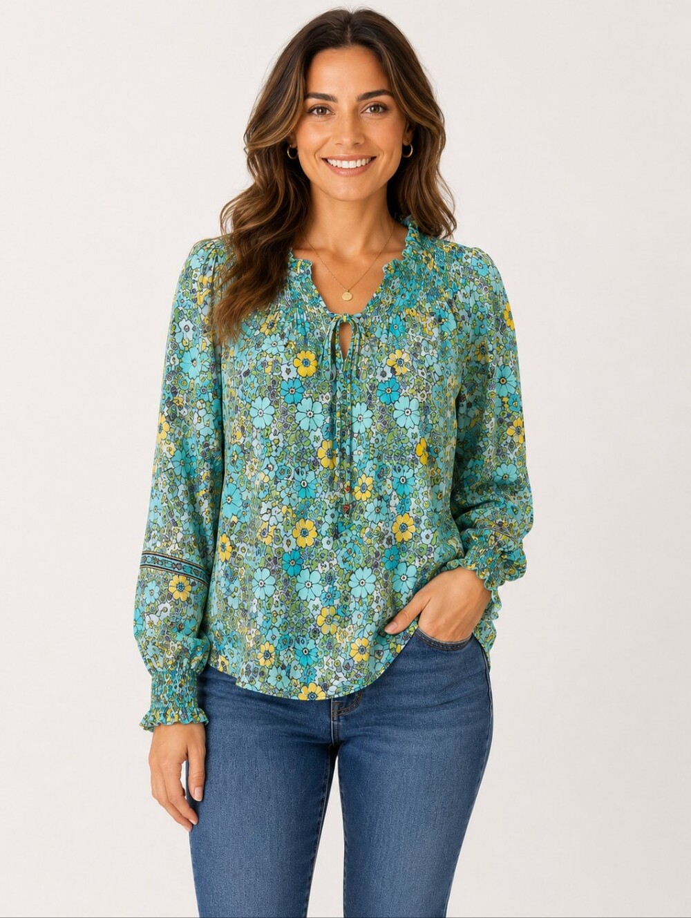 Jane + Delancey Blue Yellow Floral Smocked Peasant Blouse Rayon Tag Removed